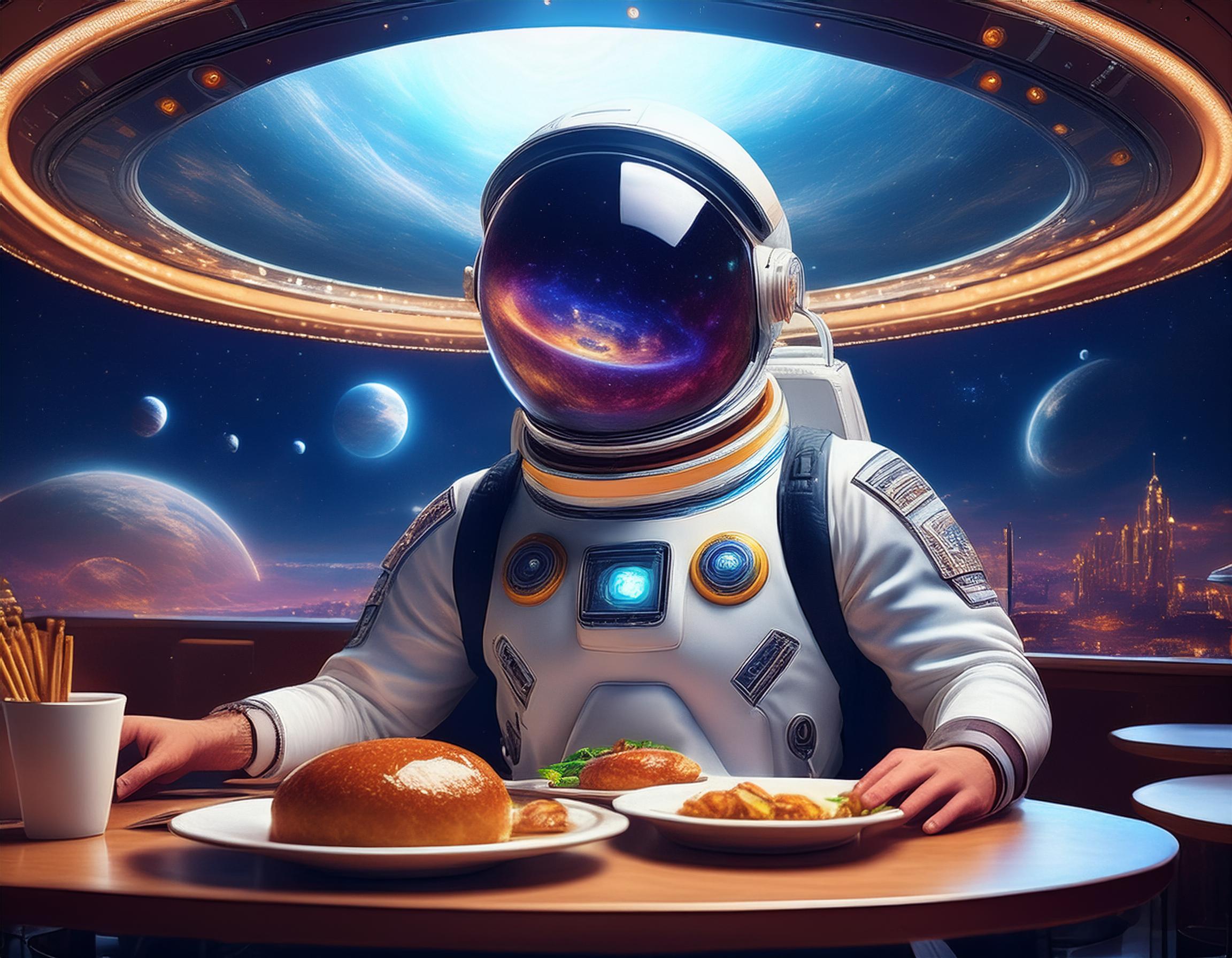 宇宙服で食事している画像