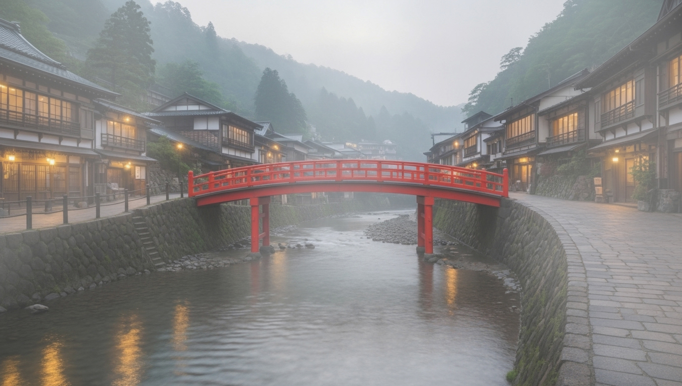 朝霧に包まれた赤い霧橋