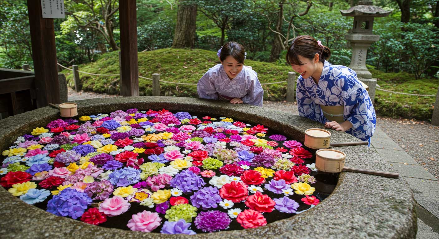 花手水を覗き込む女性の写真