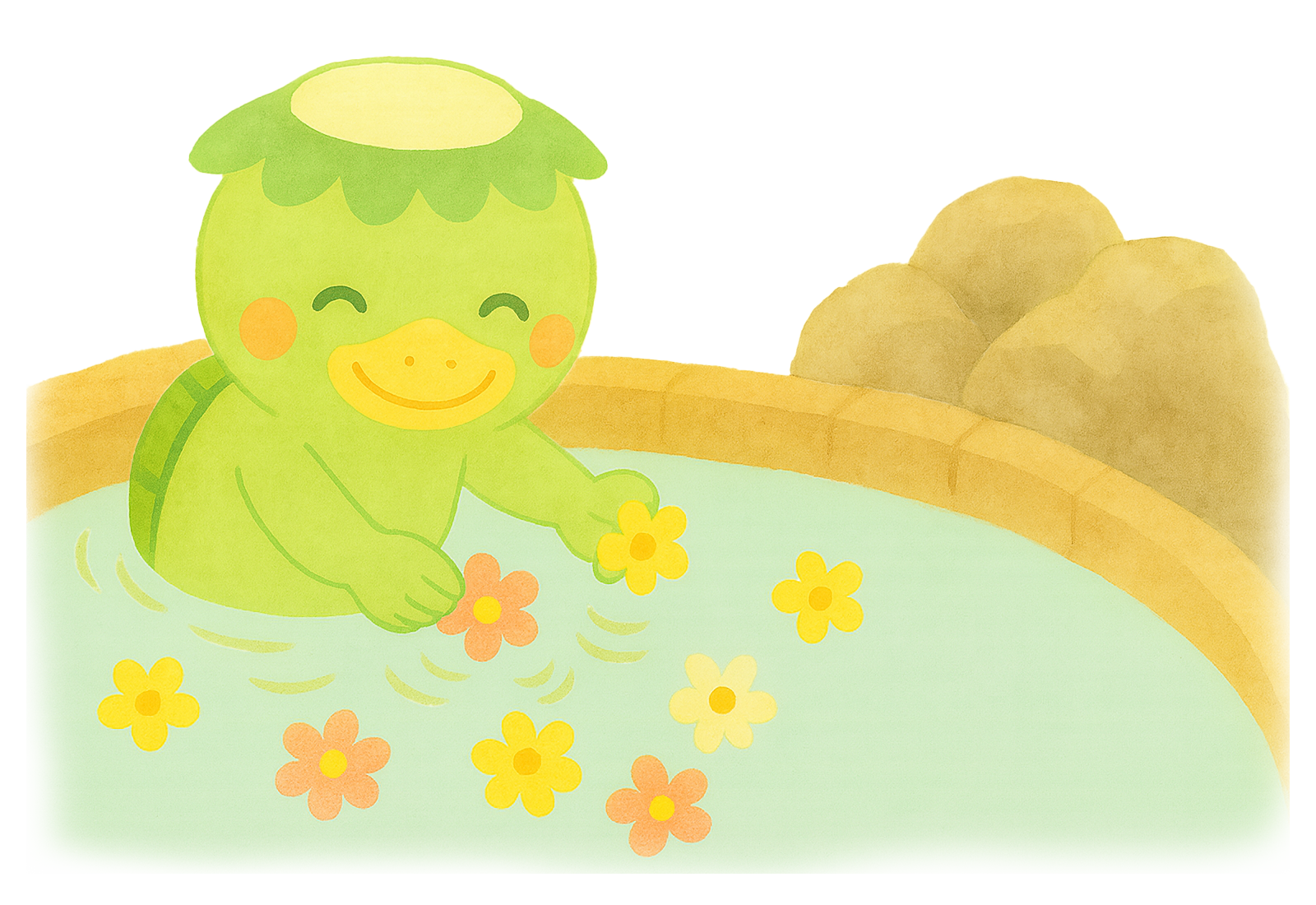 温泉にお花を入れる河童