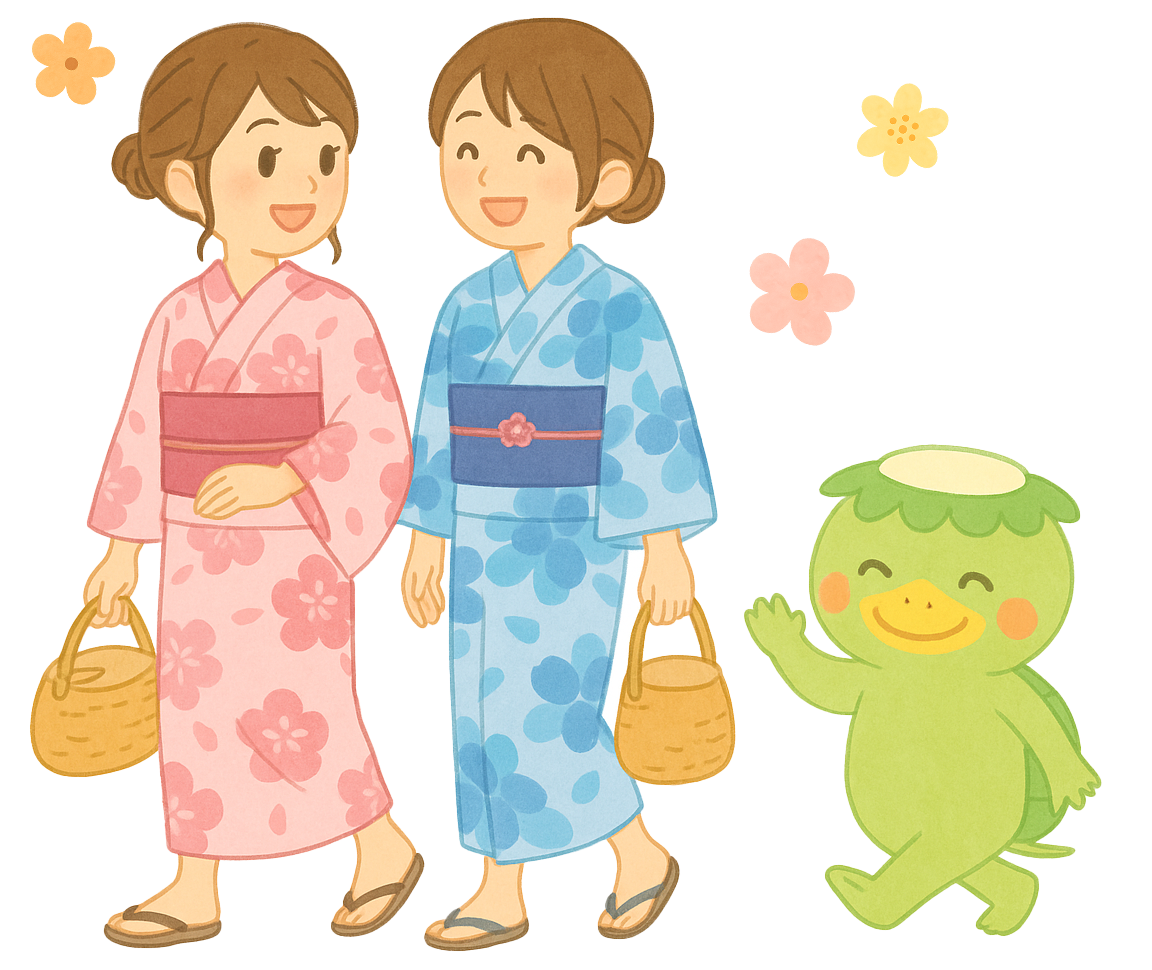 女性２人と一緒にこっそり旅行している河童のイラスト