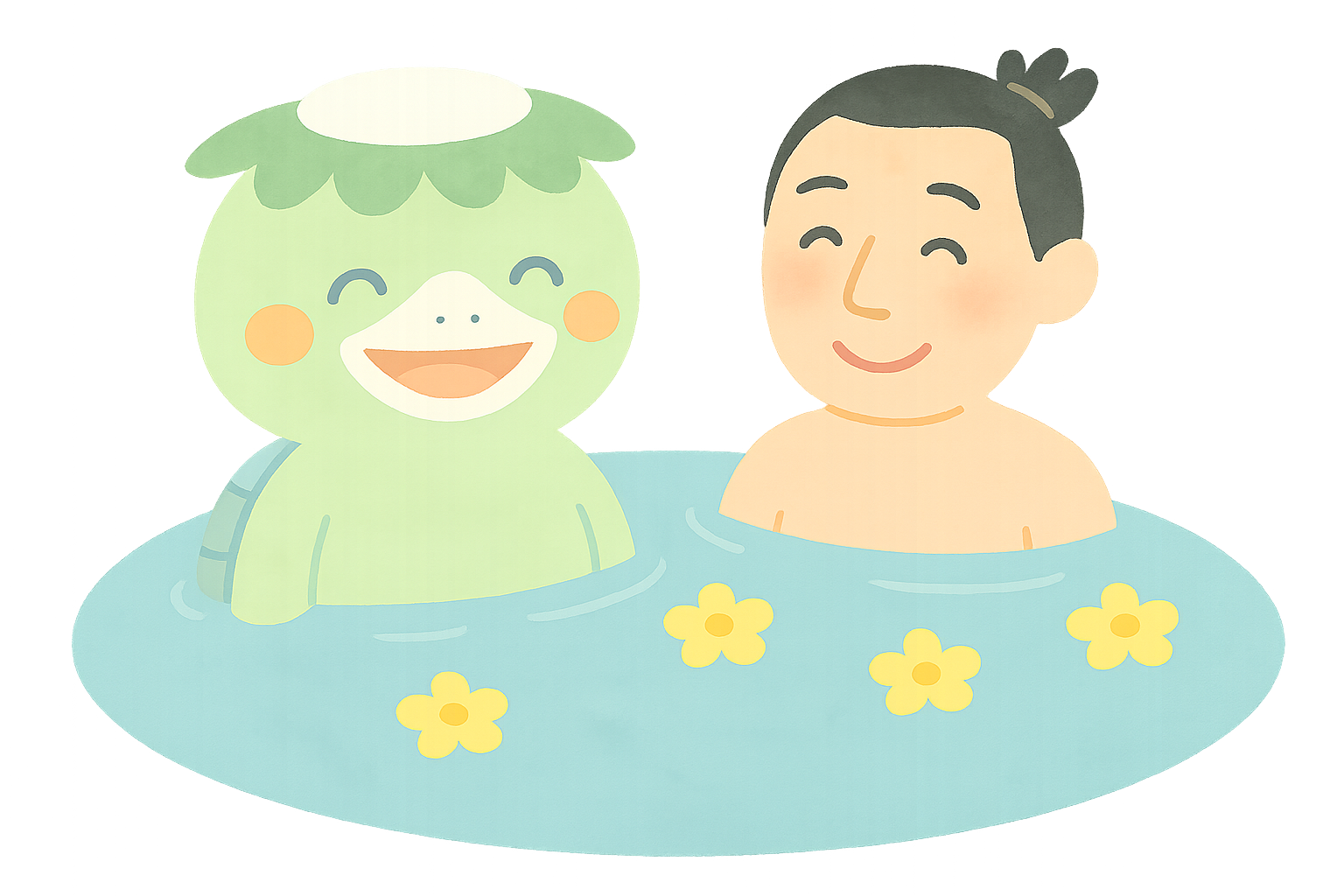 村人と一緒にお風呂に入る河童