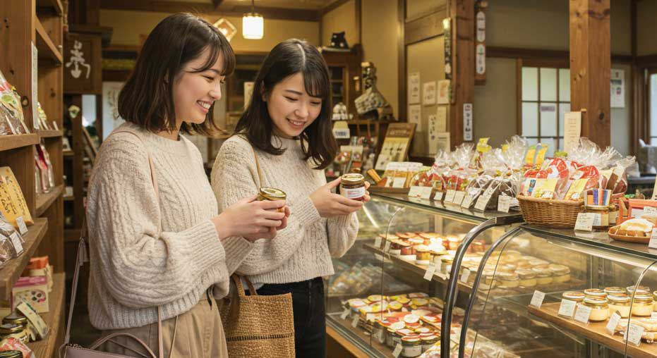 お土産を選んでいる女性の写真