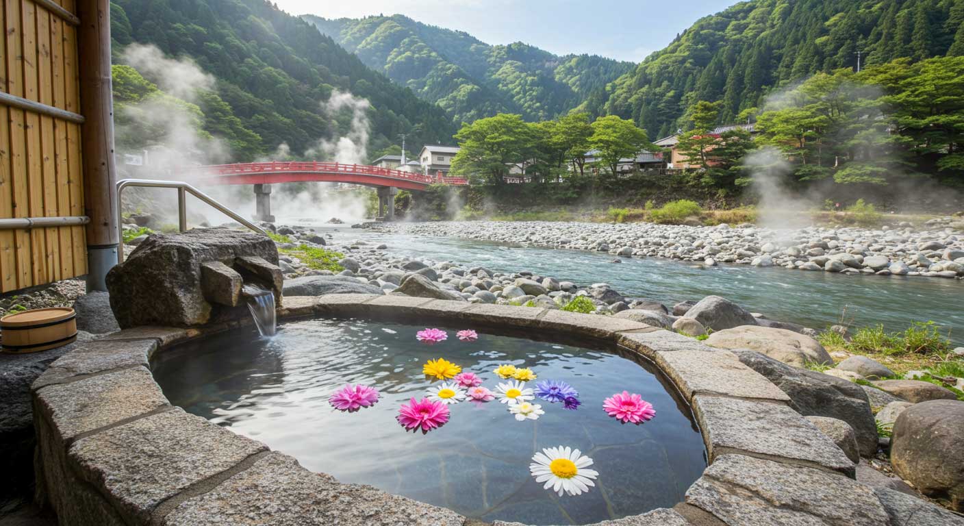 川沿いの足湯の写真