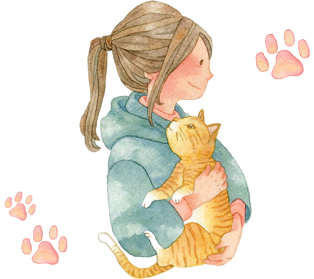 猫を抱える女性のイラスト